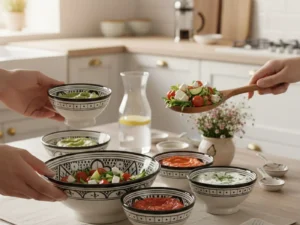 Hand-painted Moroccan ceramic bowls displayed on dining table