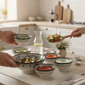 Hand-painted Moroccan ceramic bowls displayed on dining table