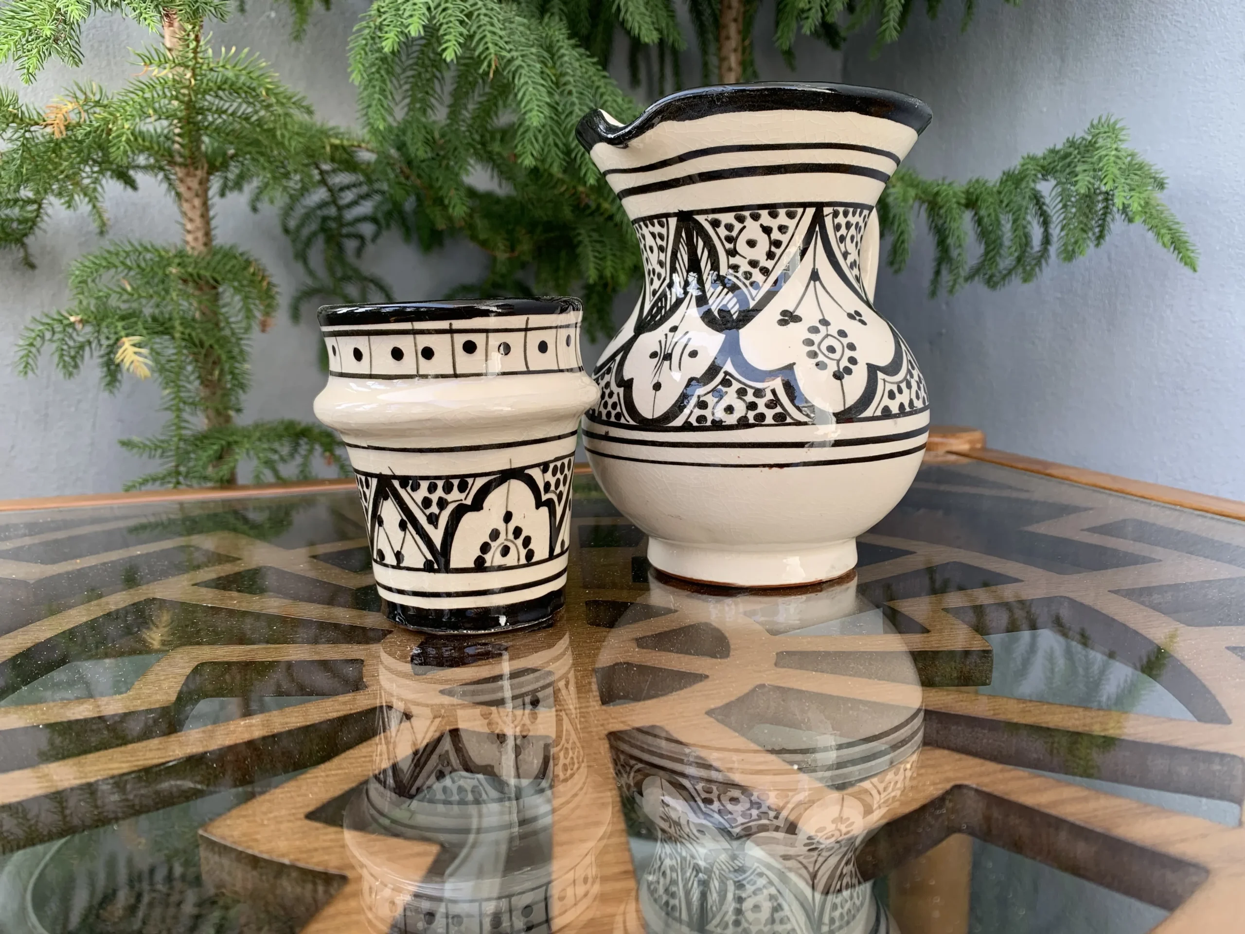 Moroccan black and white geometric pottery jug