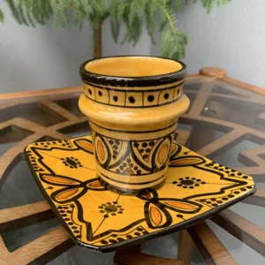 Handmade Moroccan ceramic coffee cup and plate in yellow