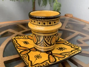 Handmade Moroccan ceramic coffee cup and plate in yellow