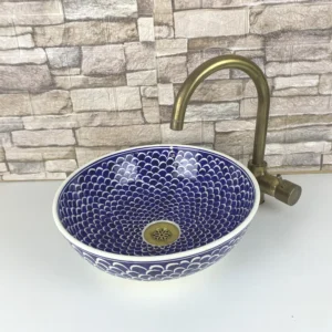 Handmade blue ceramic vessel sink for bathroom countertop