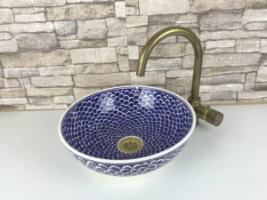 Handmade blue ceramic vessel sink for bathroom countertop
