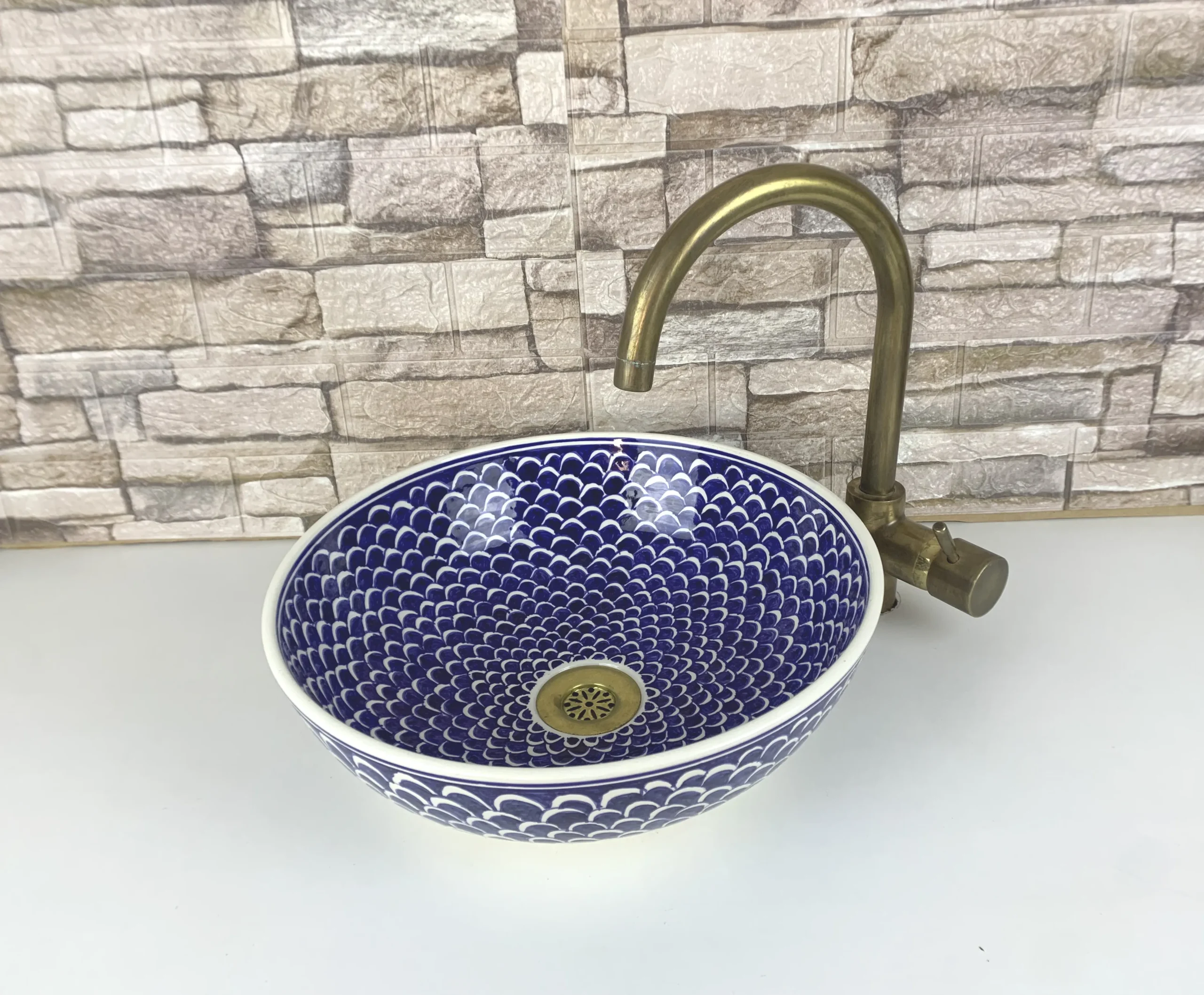 Handmade blue ceramic vessel sink for bathroom countertop