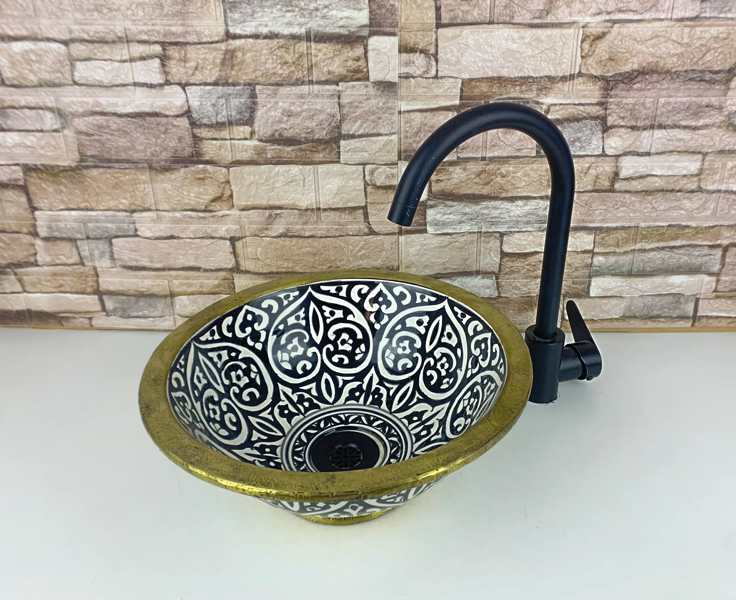 Black white Moroccan ceramic sink with glossy glazed finish