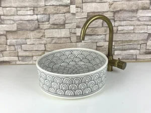 Hand-painted Moroccan bathroom sink with grey zellige-inspired design