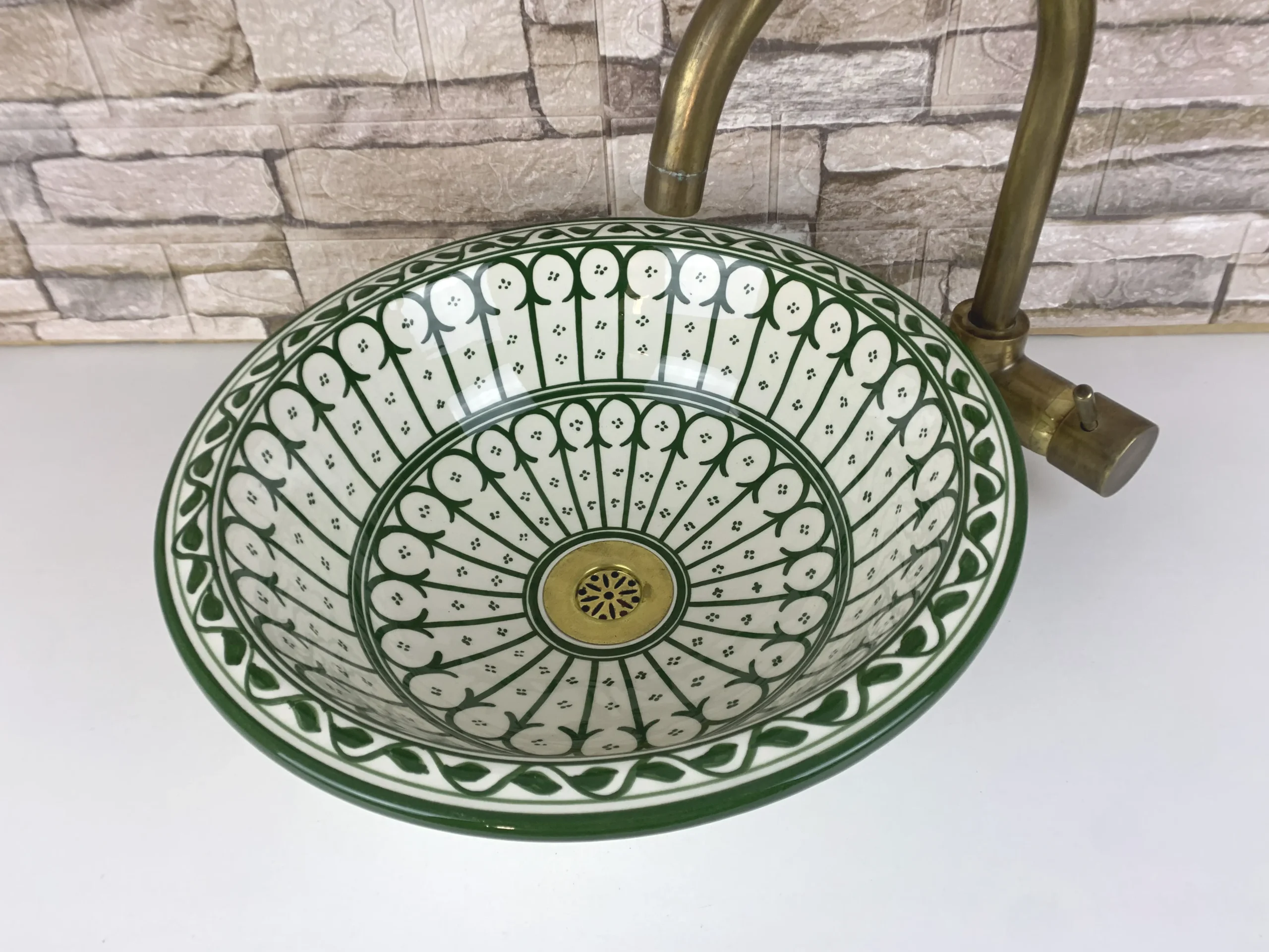 Hand-painted Moroccan ceramic vessel sink with multicolor floral design