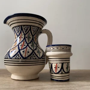 Hand-painted Safi pottery pitcher with traditional patterns