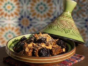 Moroccan ceramic tagine displayed on white background