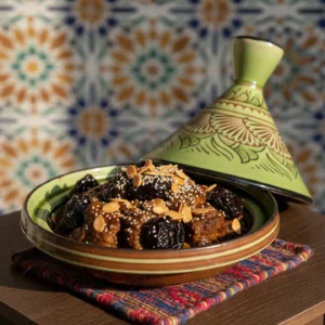 Moroccan ceramic tagine displayed on white background