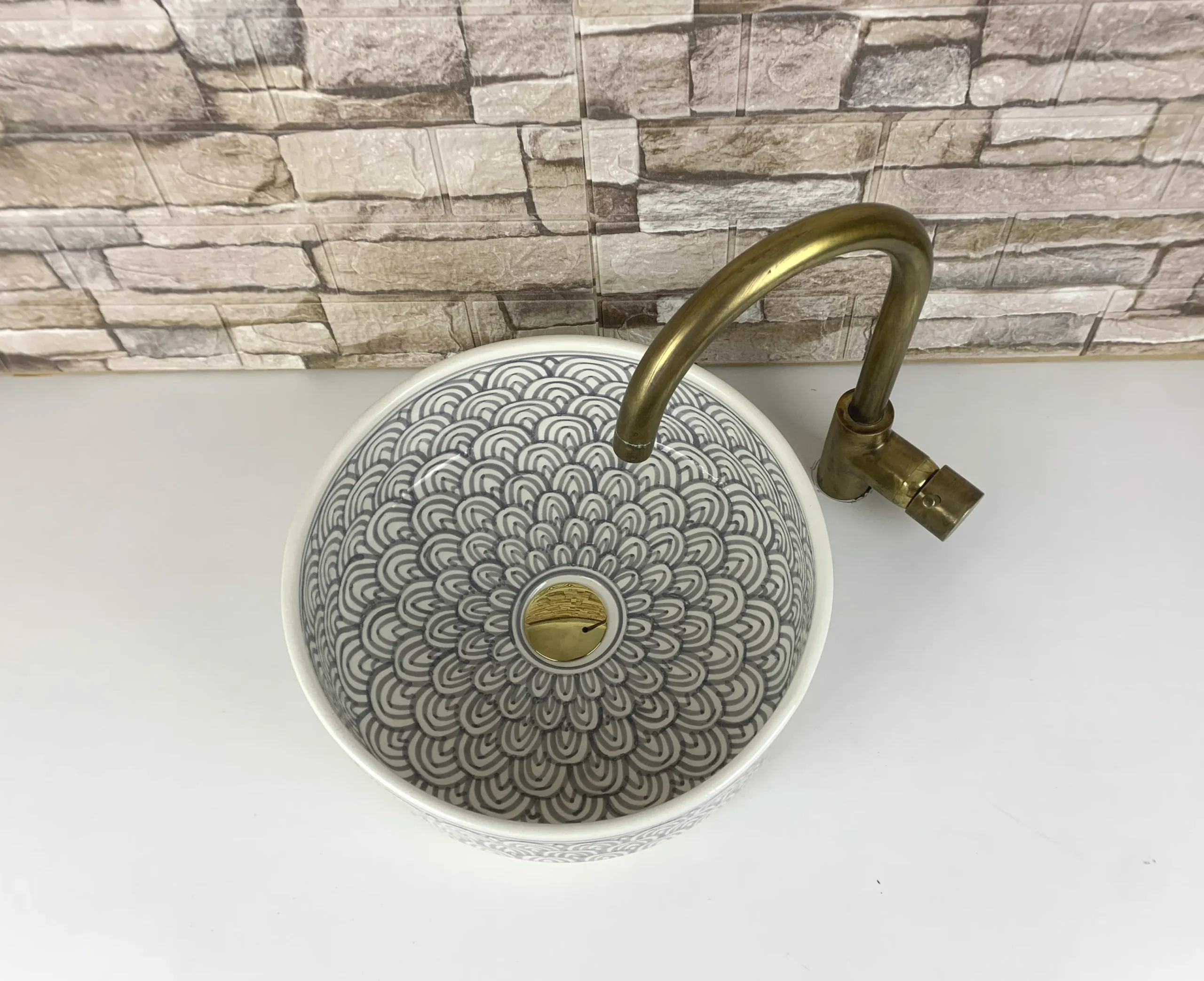 Minimalist Moroccan ceramic sink grey pattern countertop basin