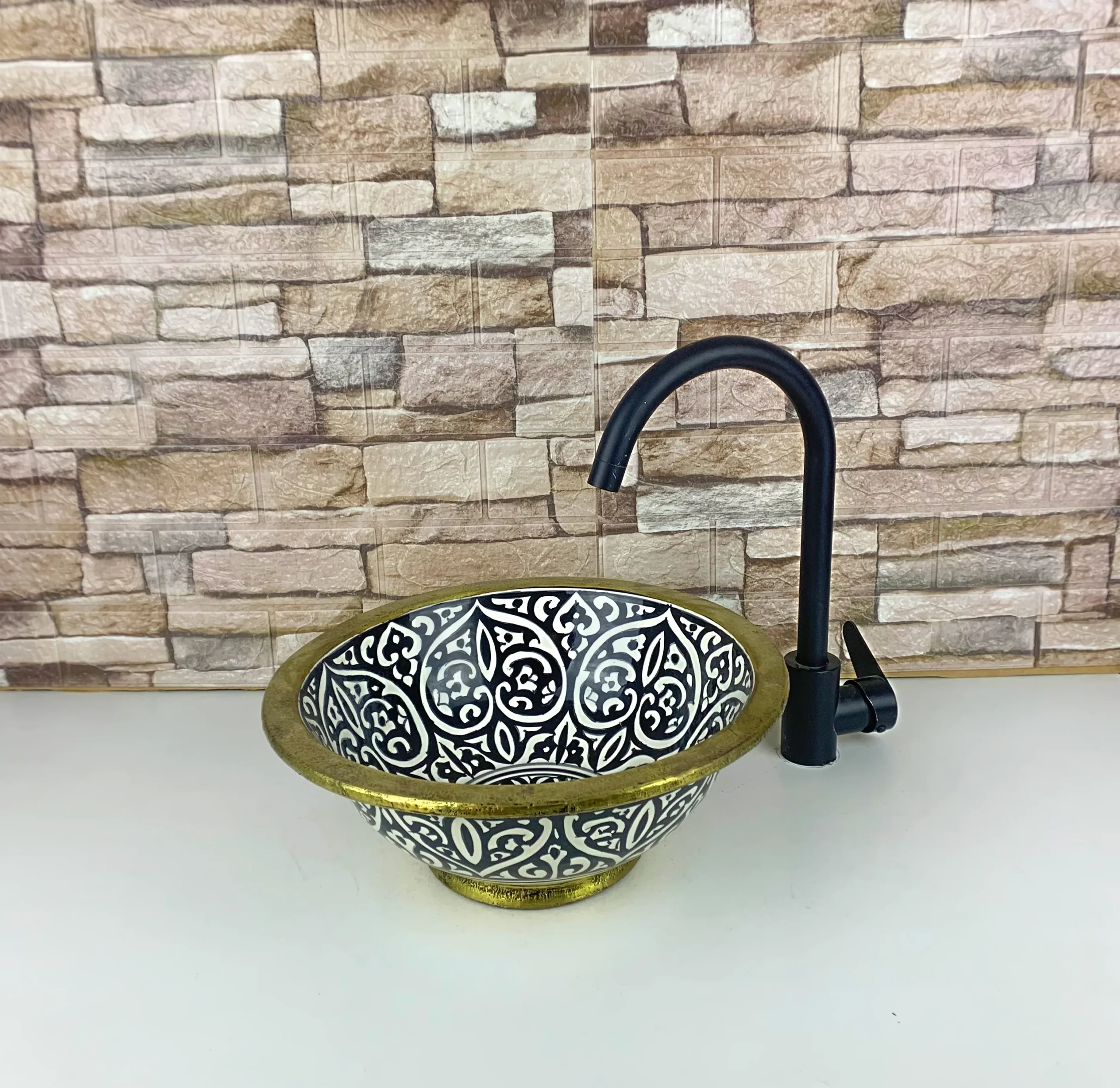 Handmade Moroccan ceramic bathroom sink black white design