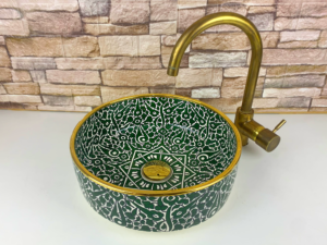 Moroccan ceramic countertop sink green floral interior view
