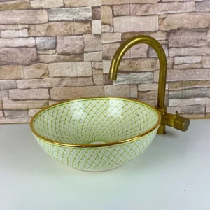 Green Moroccan ceramic vessel sink with hand-painted mandala design