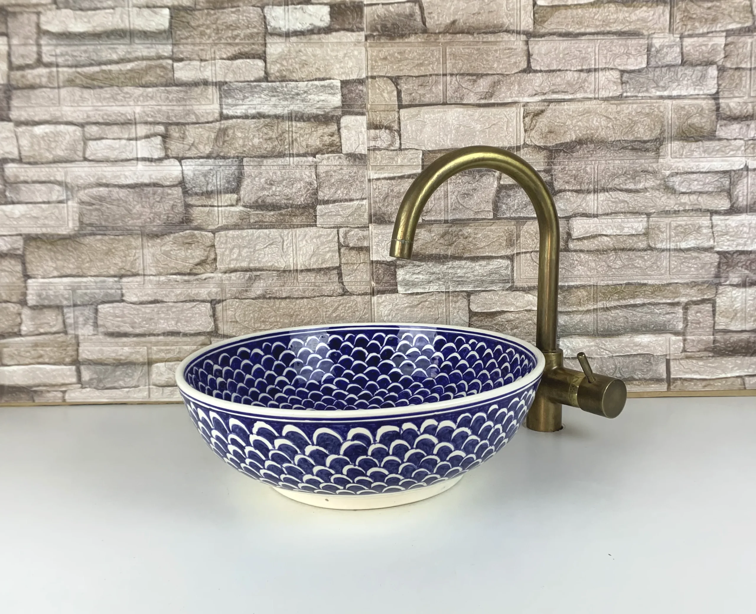 Blue Moroccan vessel sink hand-painted ceramic basin