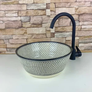 Moroccan handmade ceramic sink with black and white mandala pattern