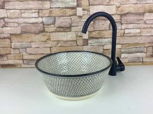 Moroccan handmade ceramic sink with black and white mandala pattern