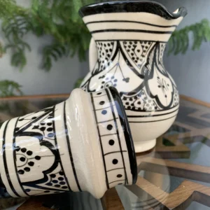 Handmade Moroccan ceramic jug and cup set in black and white