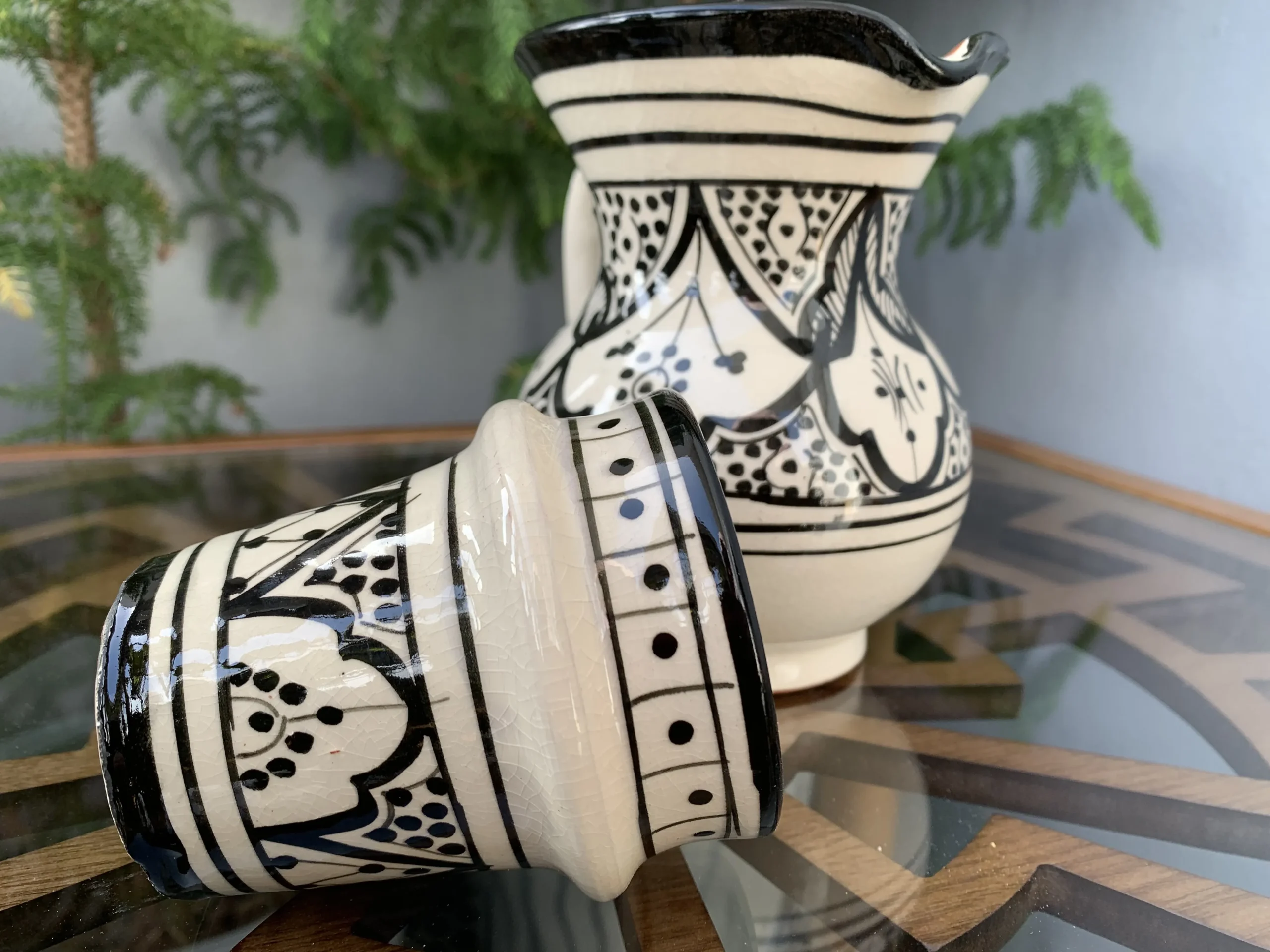 Handmade Moroccan ceramic jug and cup set in black and white