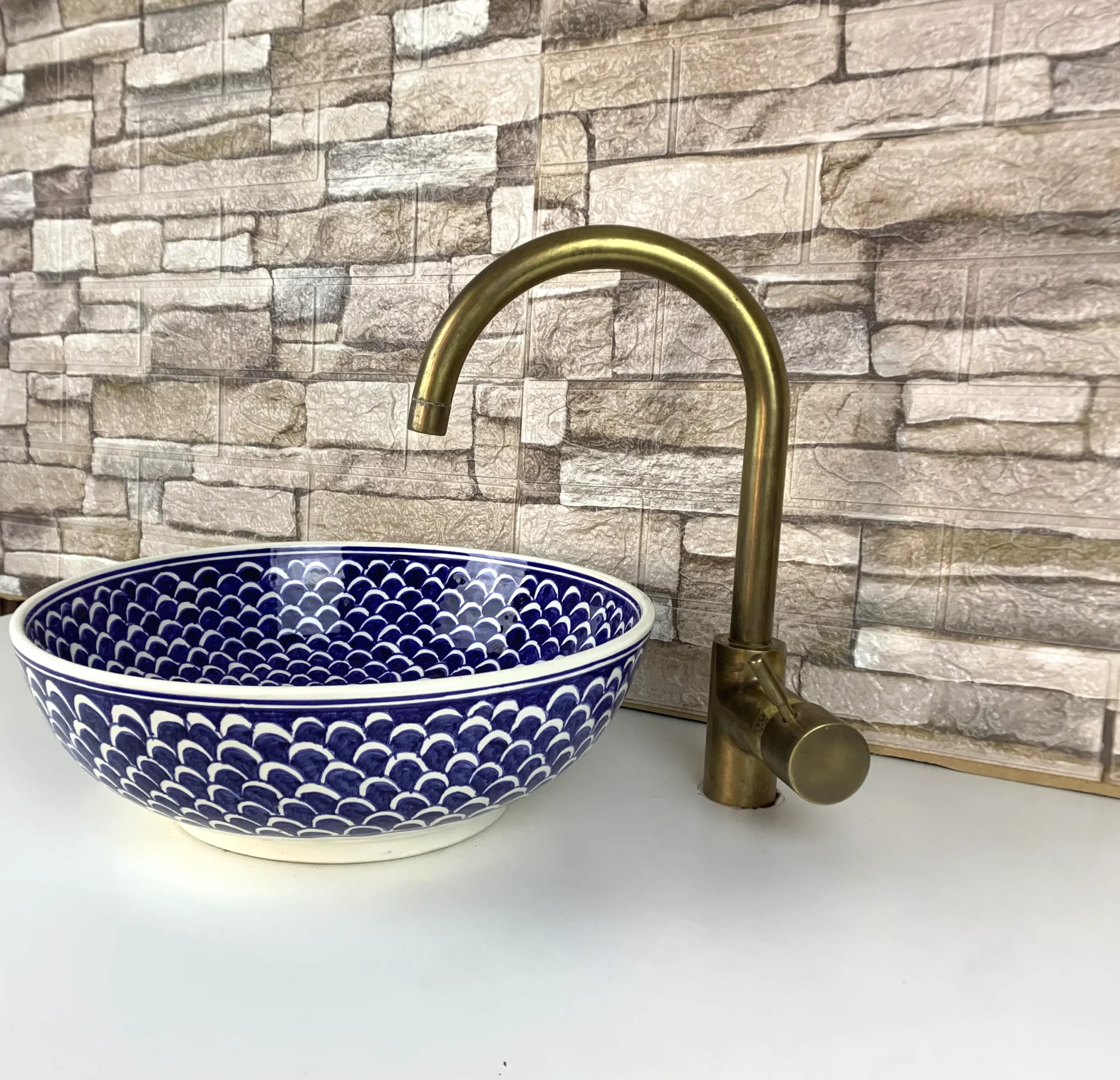 Moroccan blue ceramic sink artisan hand-painted details