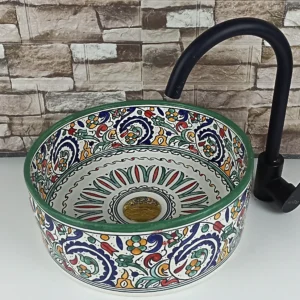 Moroccan handmade ceramic sink with colorful floral pattern