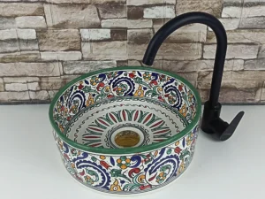 Moroccan handmade ceramic sink with colorful floral pattern