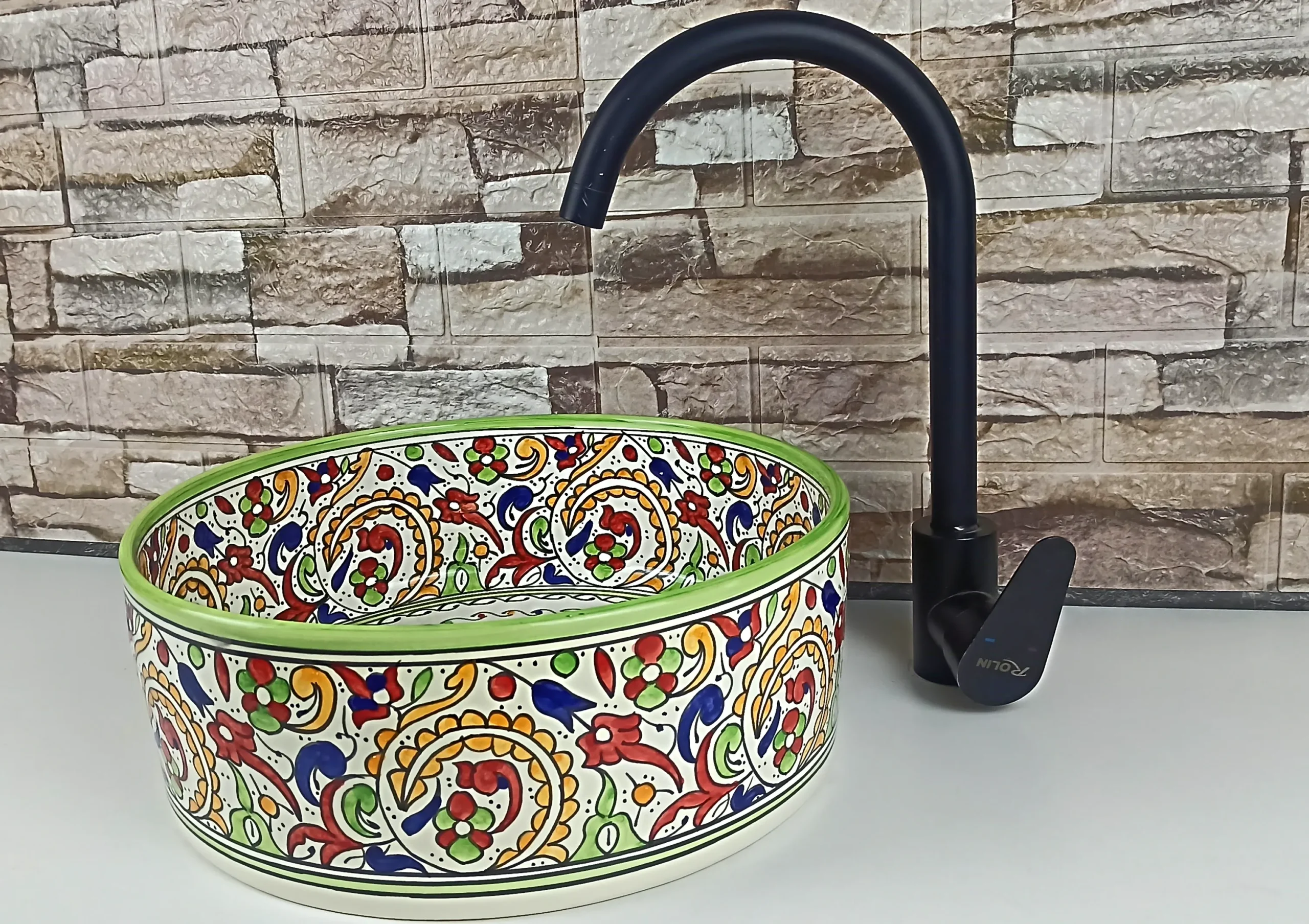 Moroccan hand-painted ceramic sink with green rim