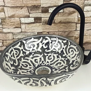 Black and white Moroccan ceramic vessel sink for bathroom countertop