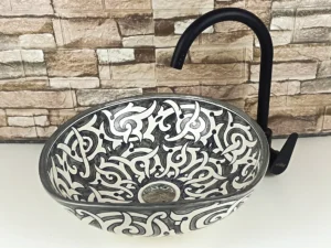 Black and white Moroccan ceramic vessel sink for bathroom countertop