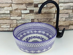 Moroccan handmade ceramic sink with purple geometric mandala pattern