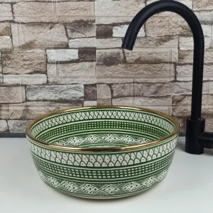 Green Moroccan ceramic basin with glossy glazed finish