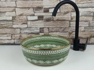 Green Moroccan ceramic basin with glossy glazed finish