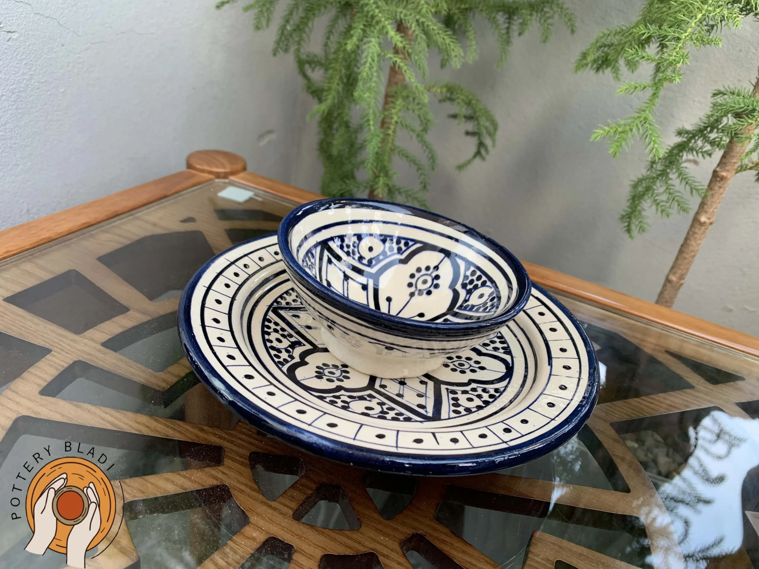 Blue and white Moroccan pottery tableware set