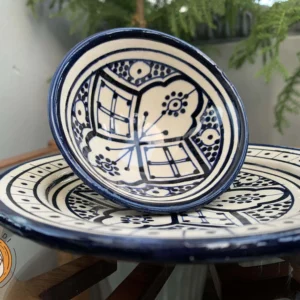 Handmade Moroccan ceramic plate and bowl set in blue and white
