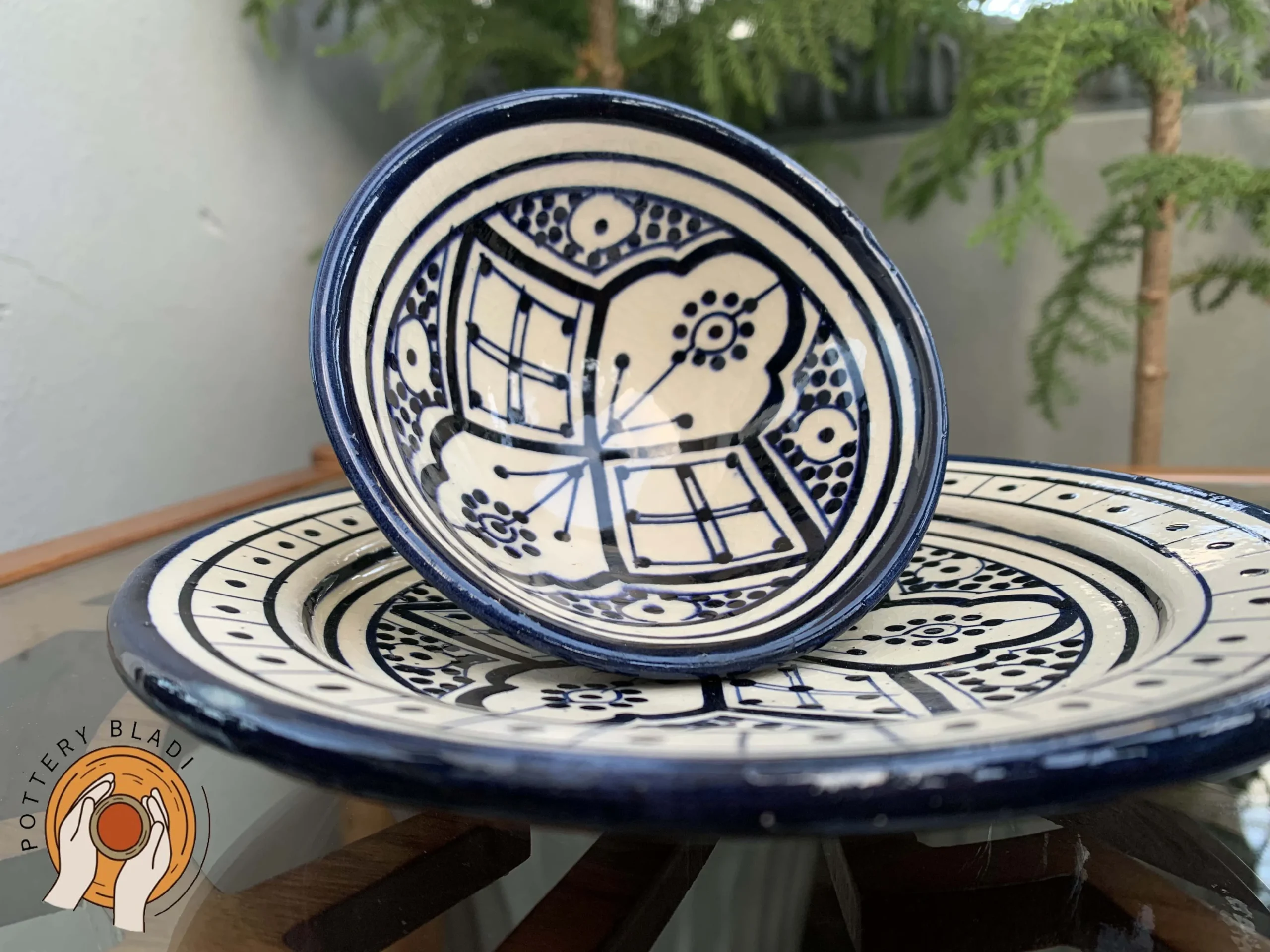 Handmade Moroccan ceramic plate and bowl set in blue and white