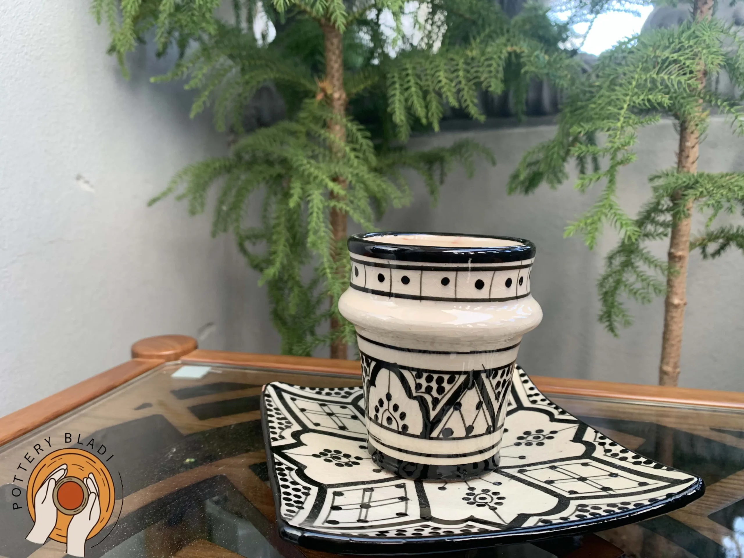 Handmade Moroccan ceramic coffee cup and plate set