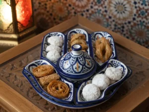 Blue and white Safi pottery Hamsa-shaped snack tray